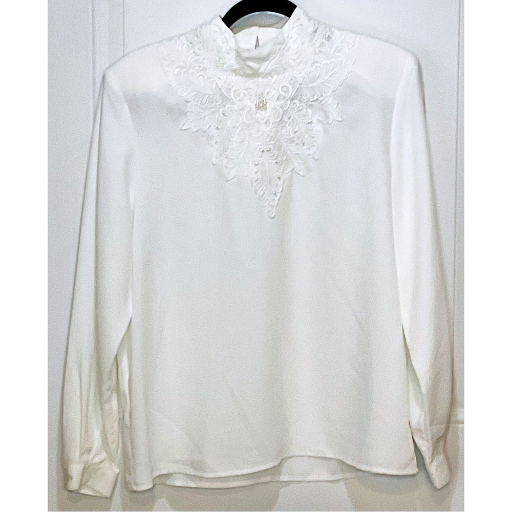 Vintage Karen Scott white ivory lace pearl‎ blouse shirt women's 10 high collar
